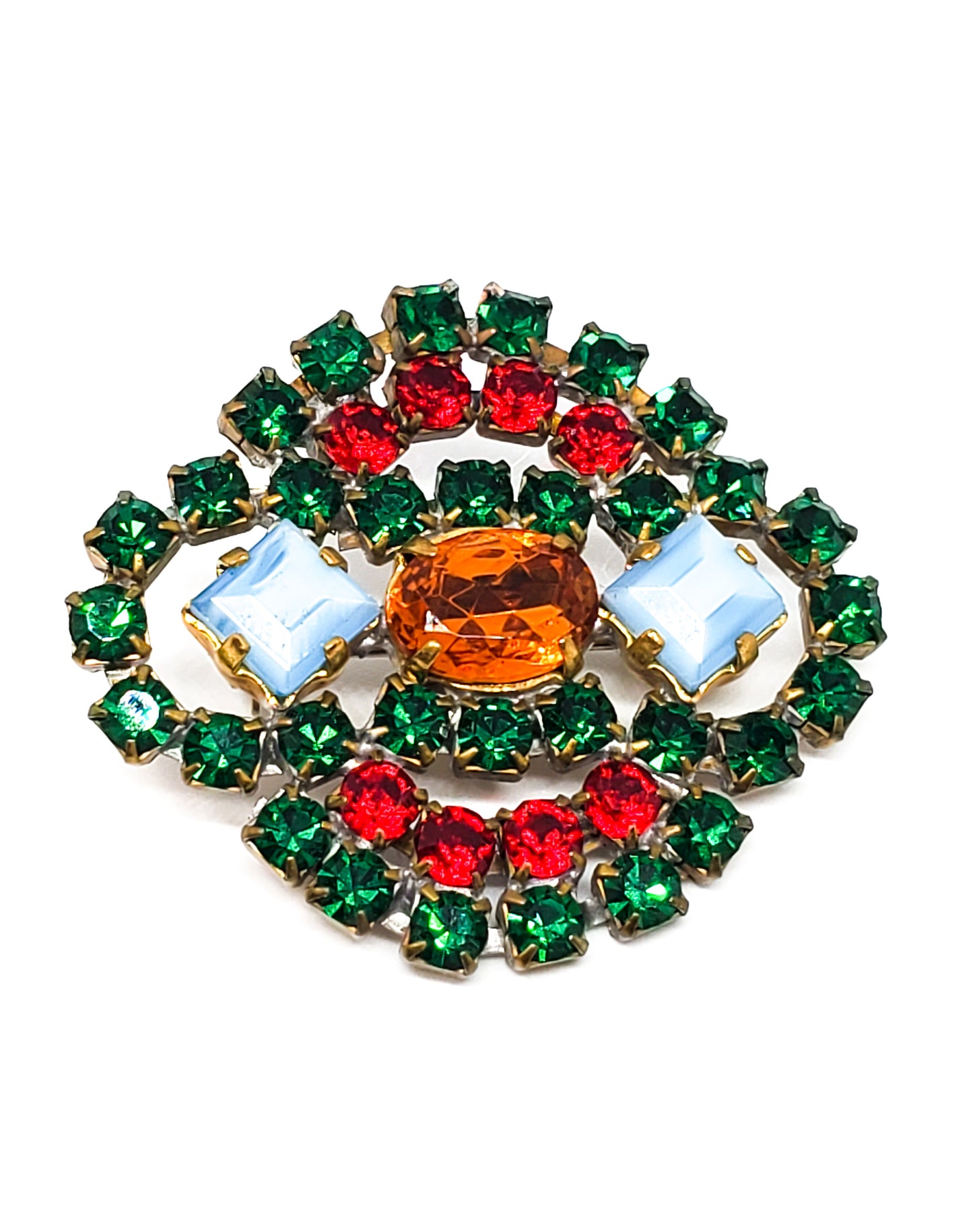 Czech cut bohemian glass rhinestone vintage brooch green red orange and blue
