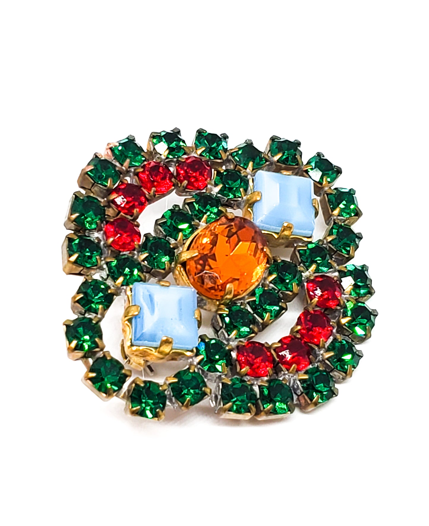 Czech cut bohemian glass rhinestone vintage brooch green red orange and blue