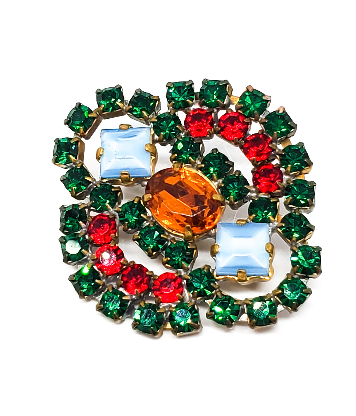 Czech cut bohemian glass rhinestone vintage brooch green red orange and blue