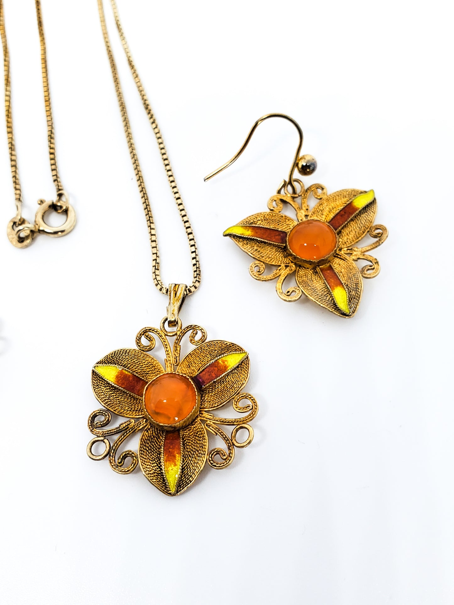 Chinese Export orange enamel vermeil gold over sterling necklace and earrings set 925