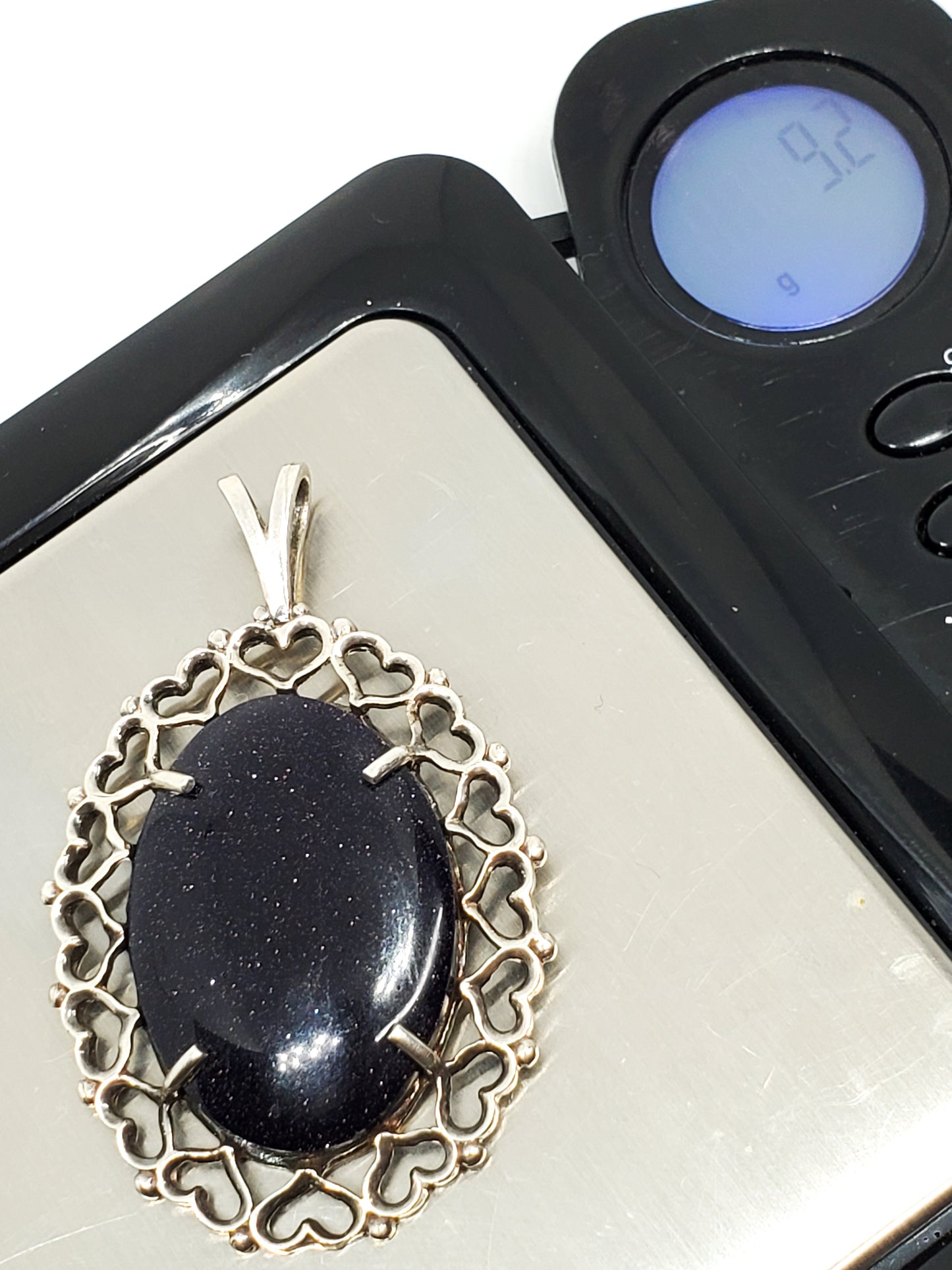 Kabana KBM Heart blue goldstone sterling silvre oval signed pendant 9.2 grams