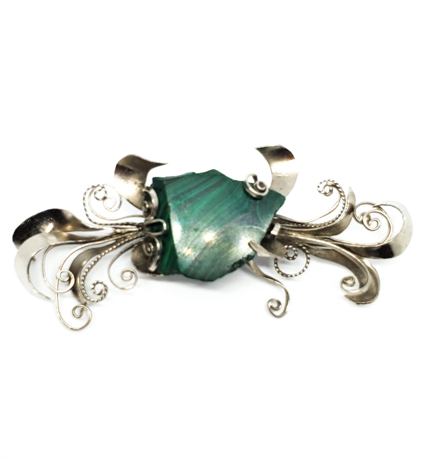 Banded Malachite Mexican Artisan Alpaca silver brooch pin handcrafted