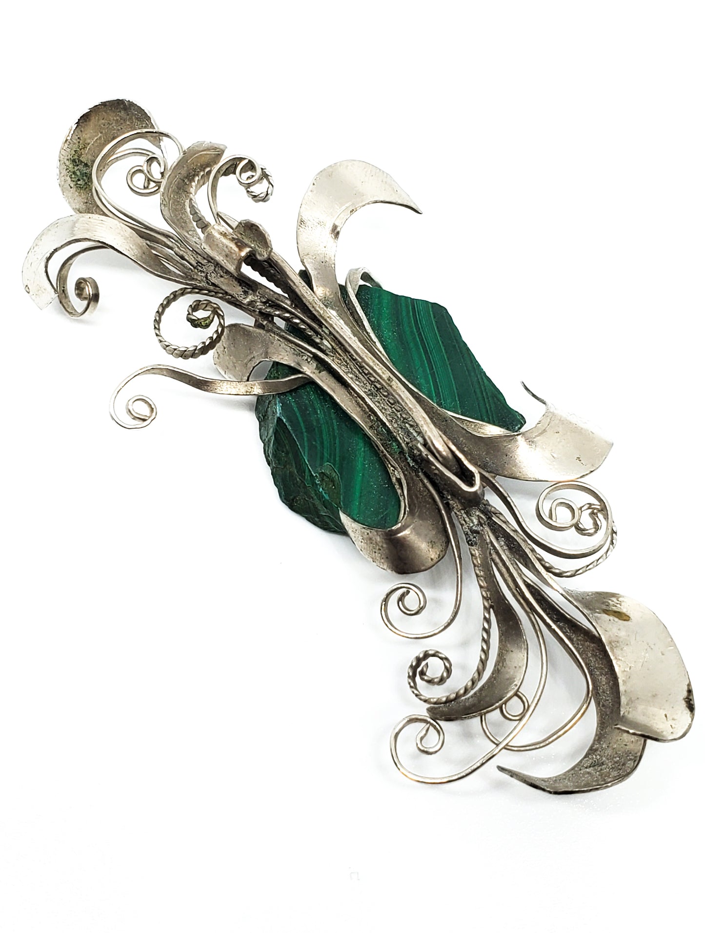 Banded Malachite Mexican Artisan Alpaca silver brooch pin handcrafted