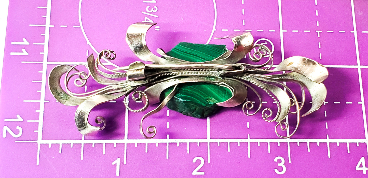Banded Malachite Mexican Artisan Alpaca silver brooch pin handcrafted