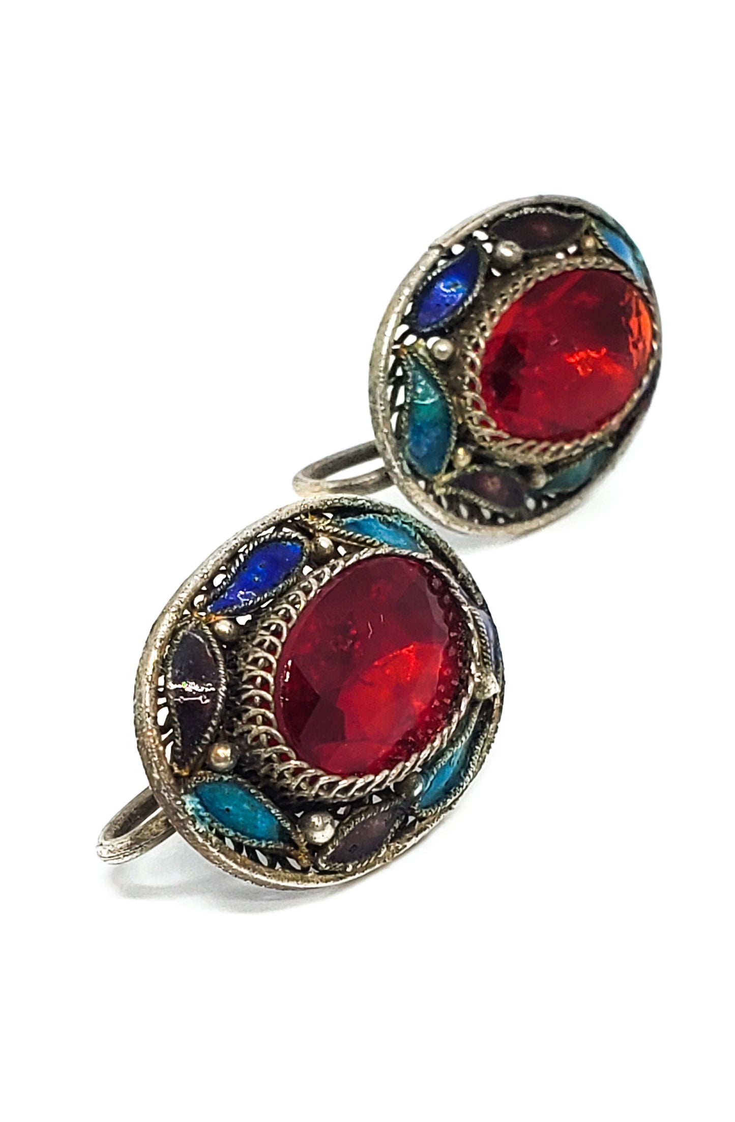 Chinese Export Red Enamel gold over sterling silver vintage screw back earrings