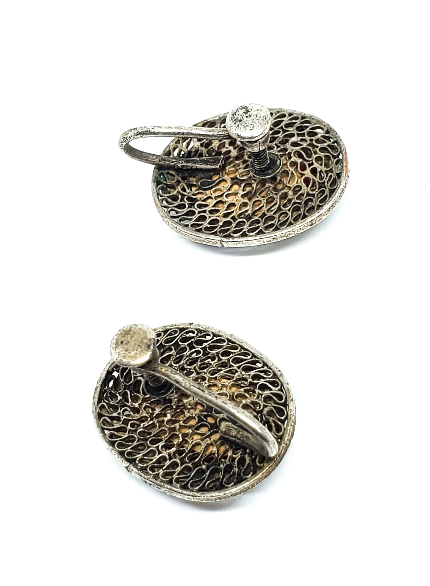 Chinese Export Red Enamel gold over sterling silver vintage screw back earrings