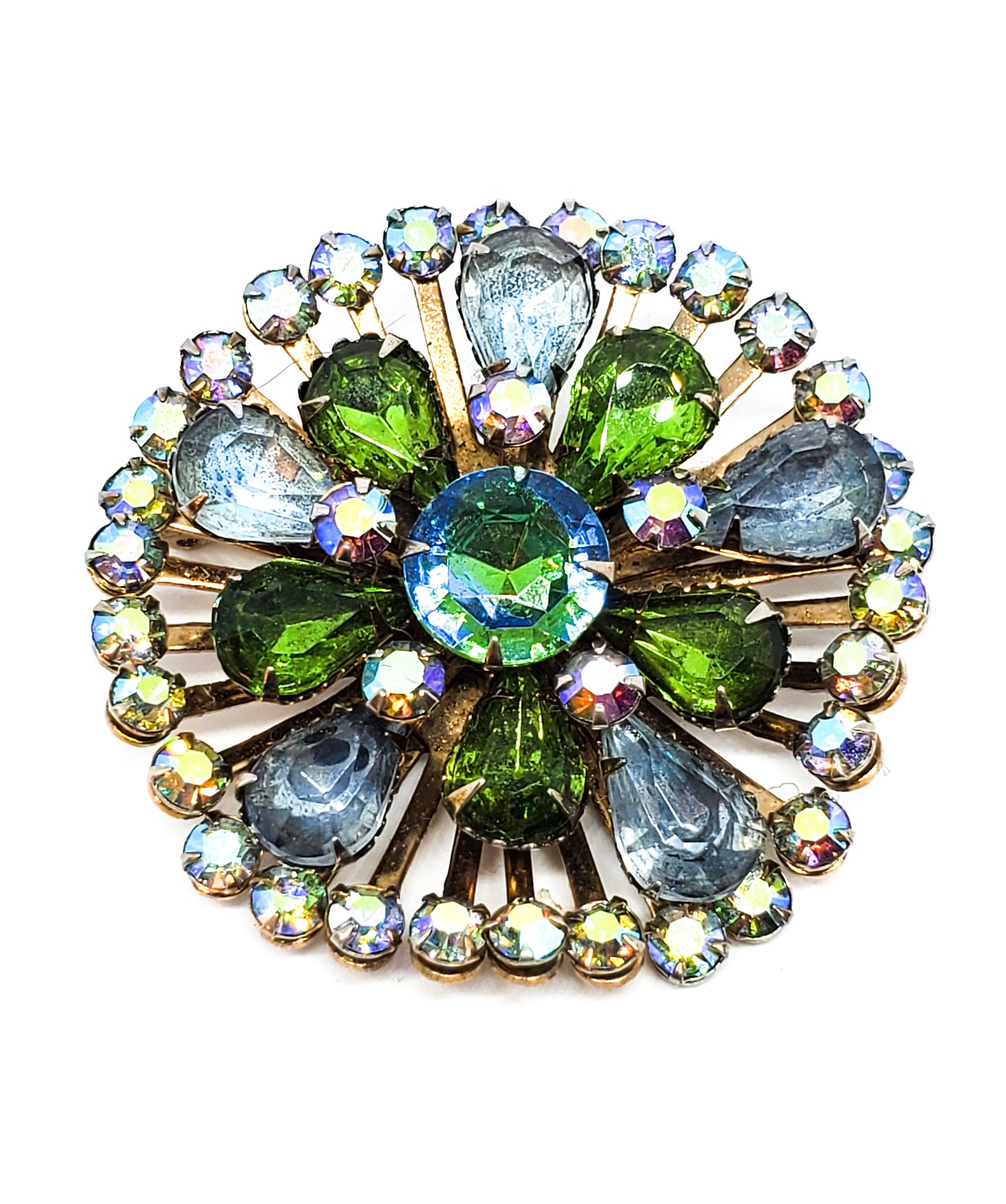 baby blue and green aurora borealis heliotrope rhinestone atomic brooch mid century