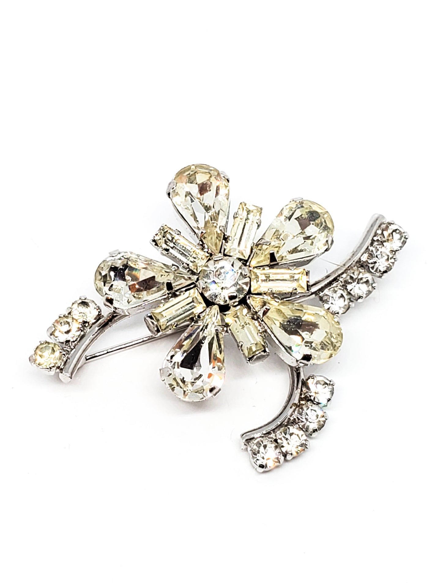 Austrian clear rhinestone flower mid century atomic rhinestone vintage brooch pin