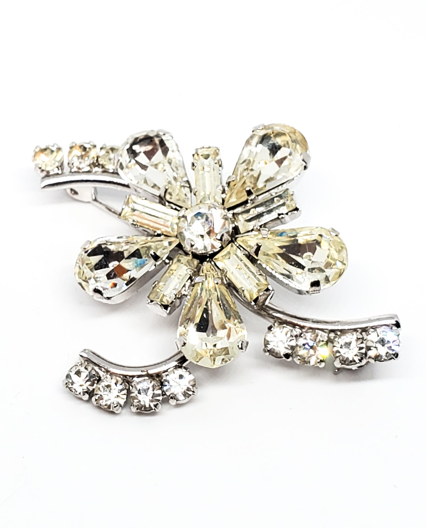 Austrian clear rhinestone flower mid century atomic rhinestone vintage brooch pin
