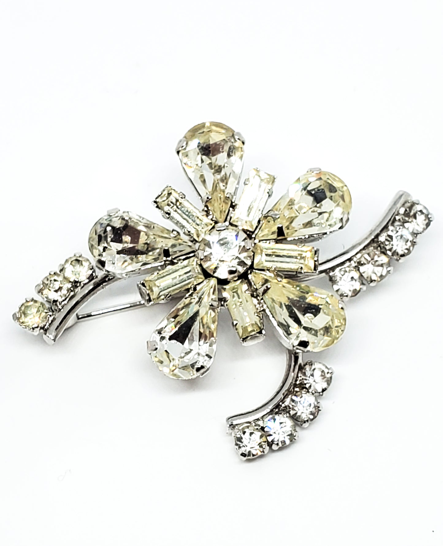 Austrian clear rhinestone flower mid century atomic rhinestone vintage brooch pin