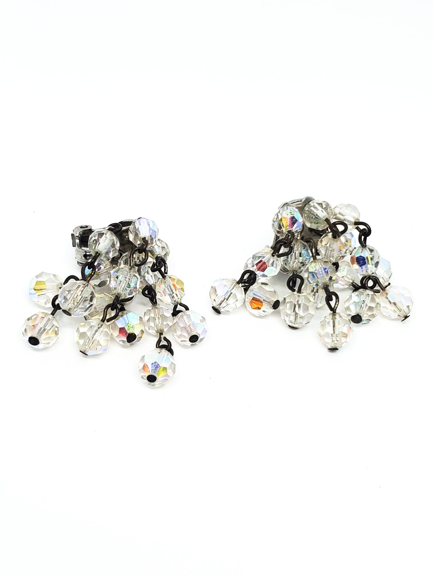 Austrian rainbow crystal waterfall drop beaded vintage clip on earrings mid century