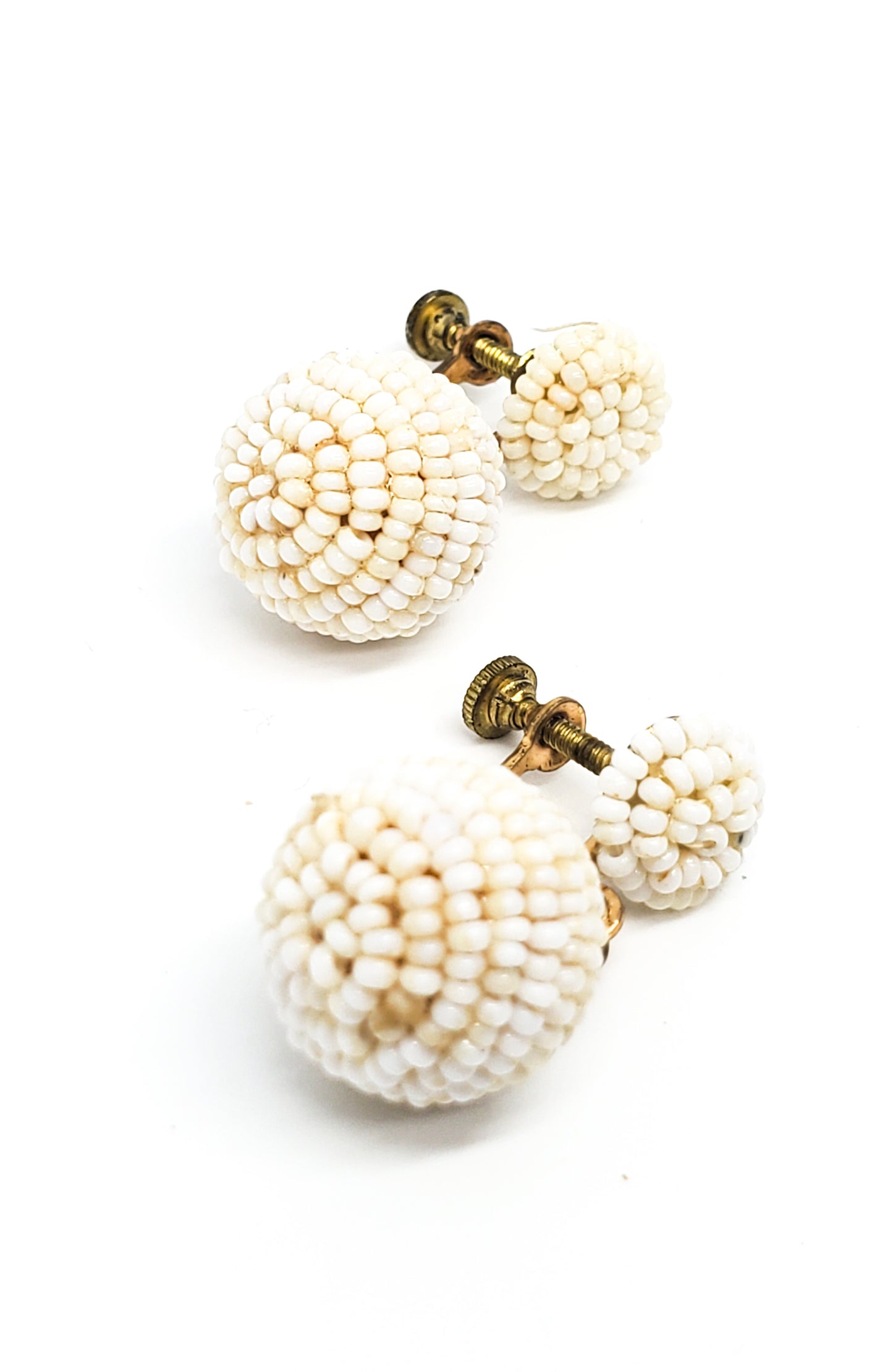 Bohemian style vintage white seed bead pin up drop screw back earrings