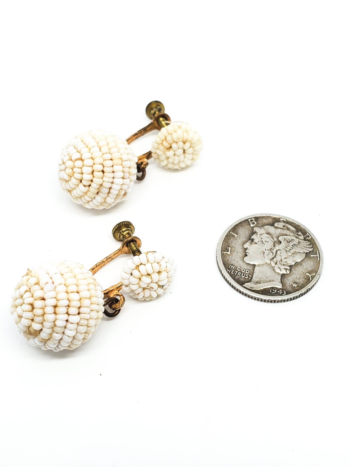 Bohemian style vintage white seed bead pin up drop screw back earrings