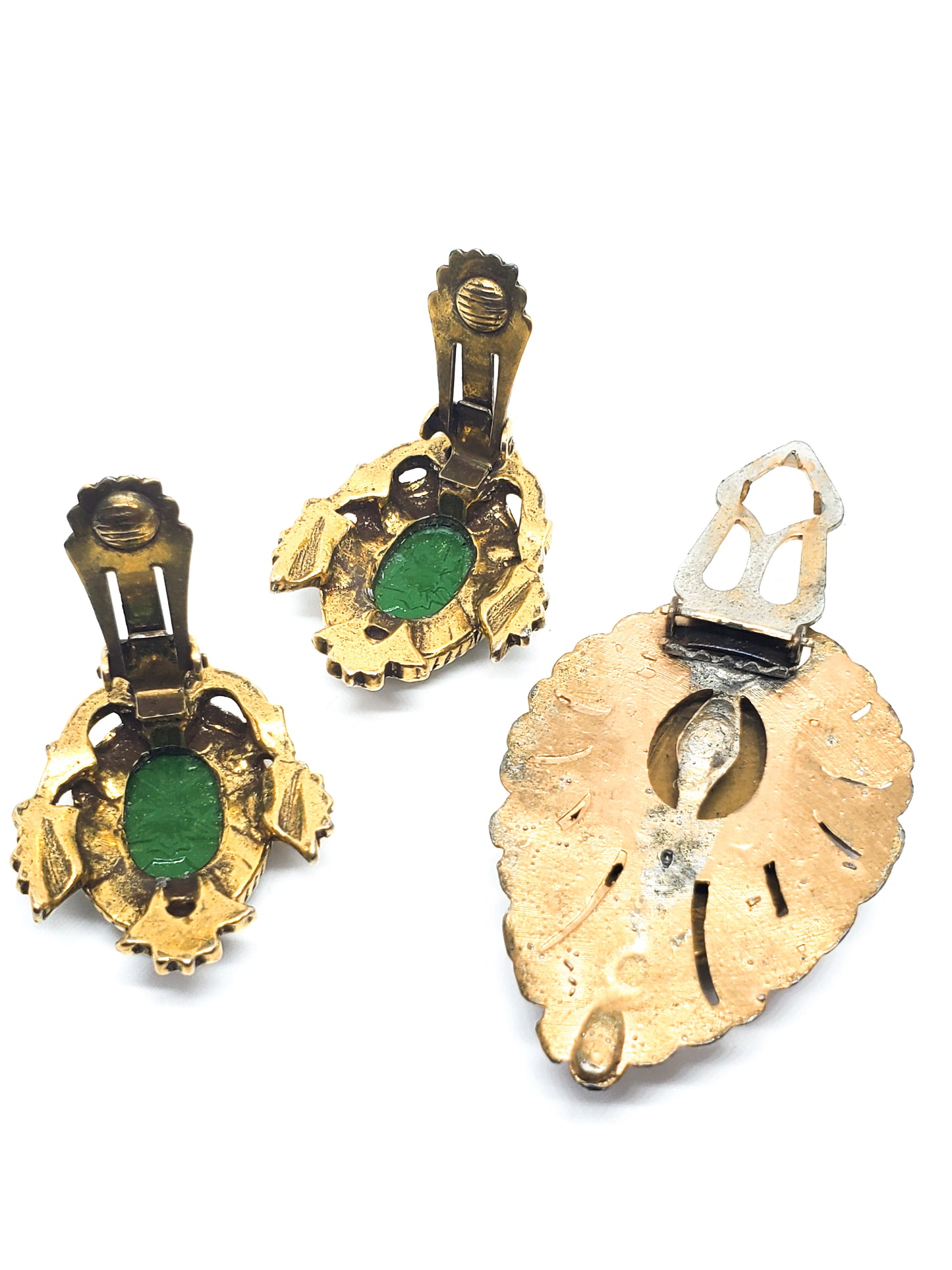 Antique Heraldic crest reverse carved intaglio married set earrings and dress clip