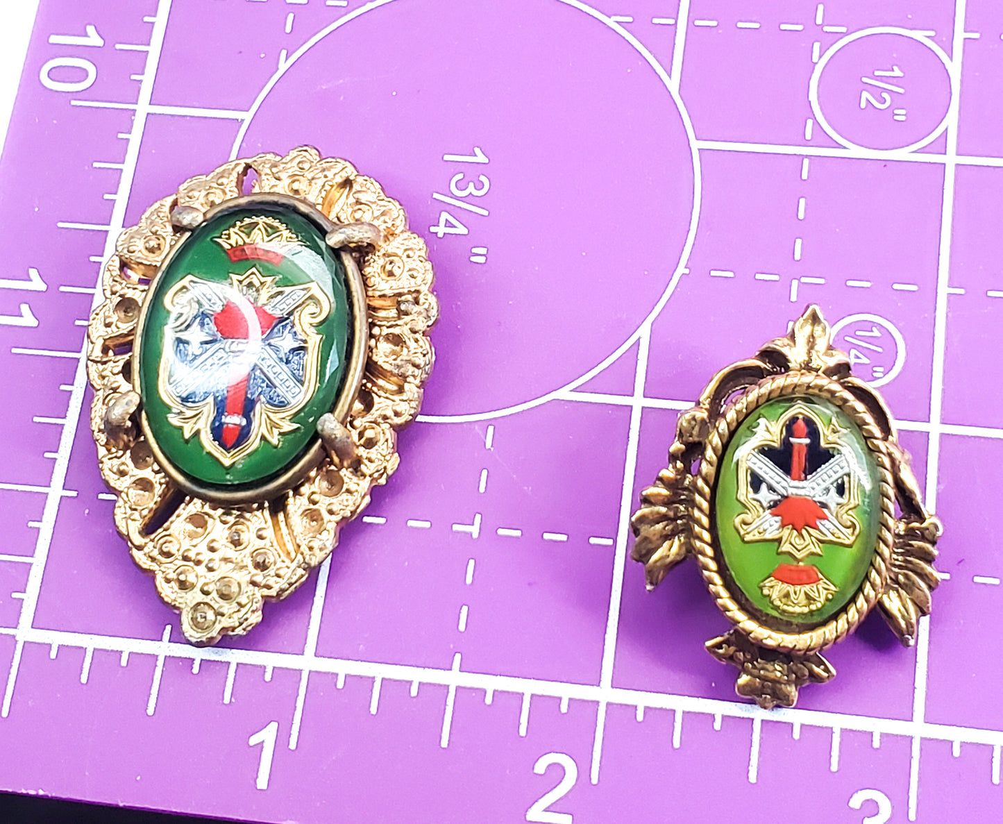 Antique Heraldic crest reverse carved intaglio married set earrings and dress clip
