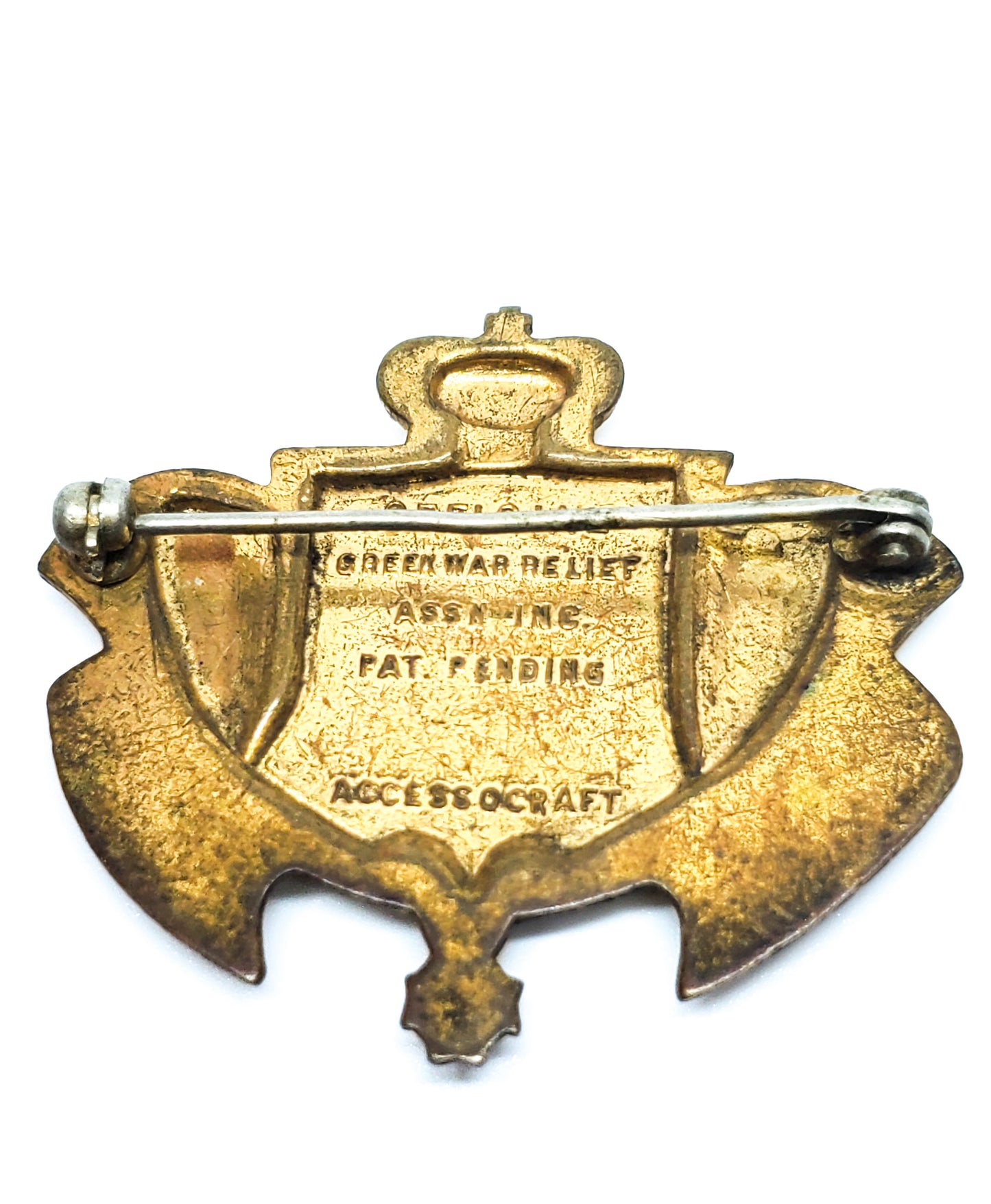 WWII Accessocraft Official Greek War Relief stamped vintage crest heraldic brooch pin