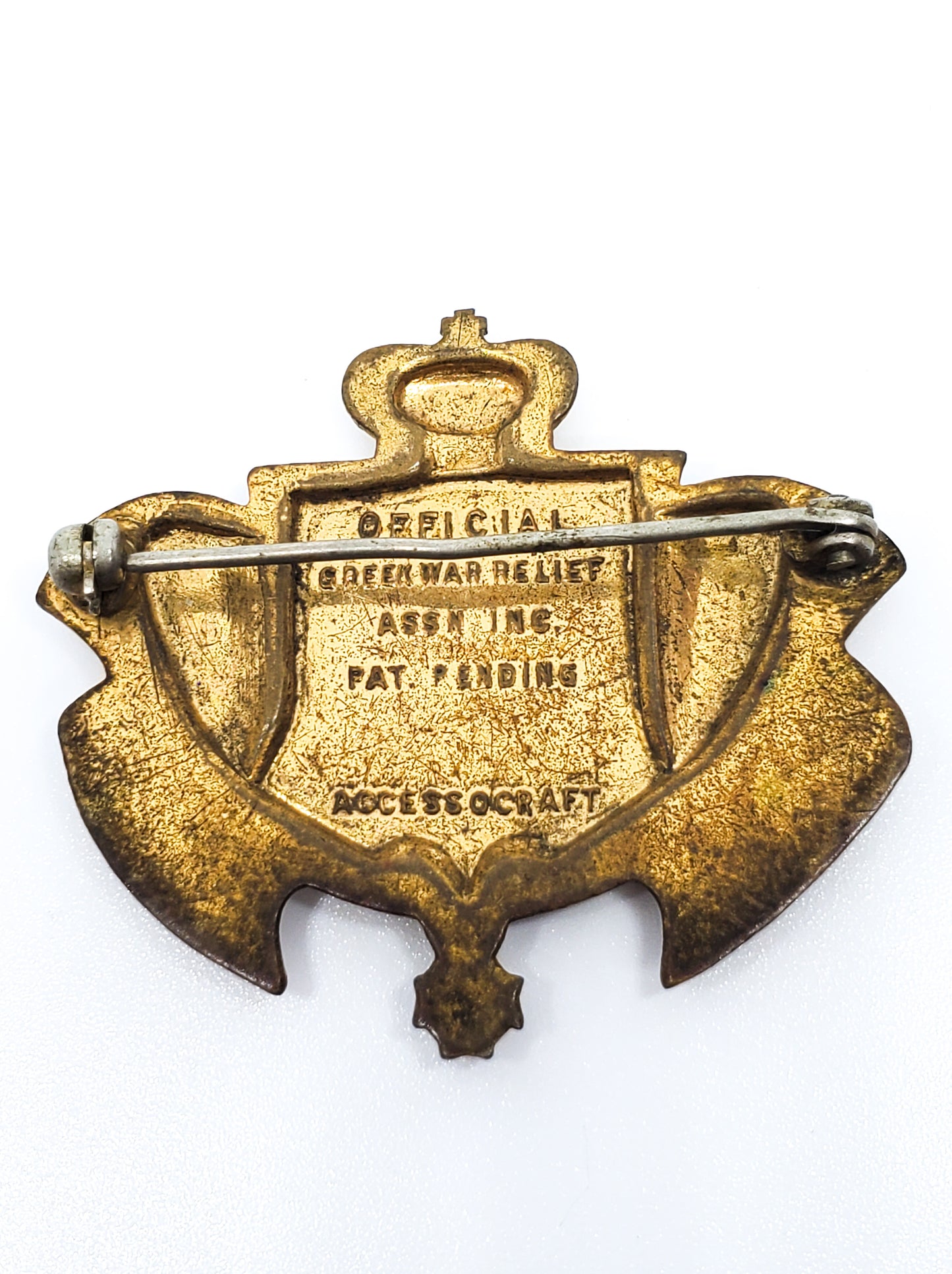 WWII Accessocraft Official Greek War Relief stamped vintage crest heraldic brooch pin