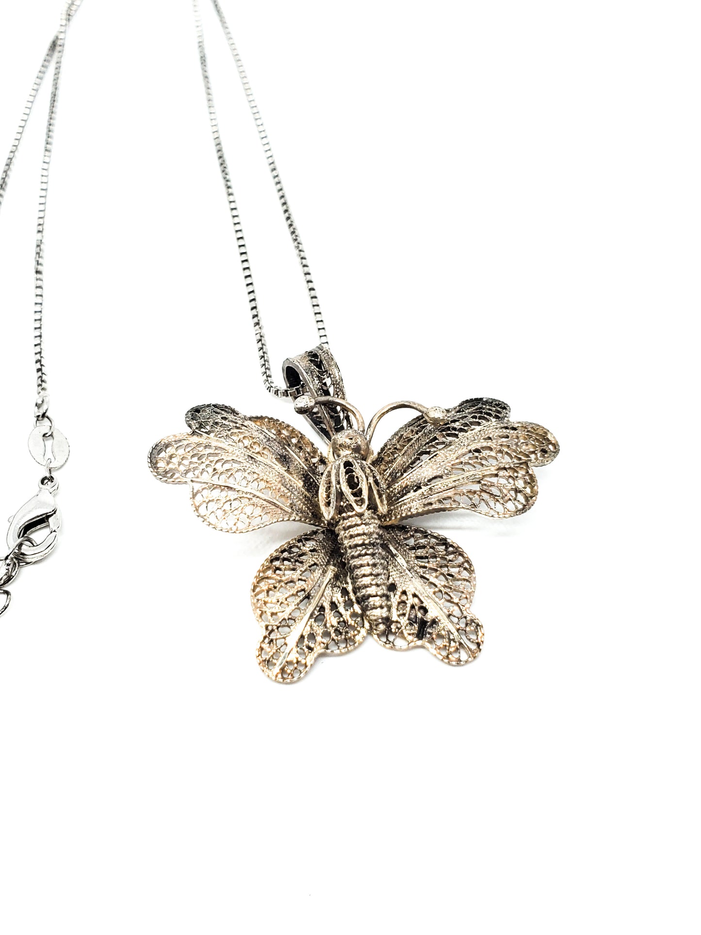 Portugal spun silver large butterfly sterling silver vintage pendant necklace 925