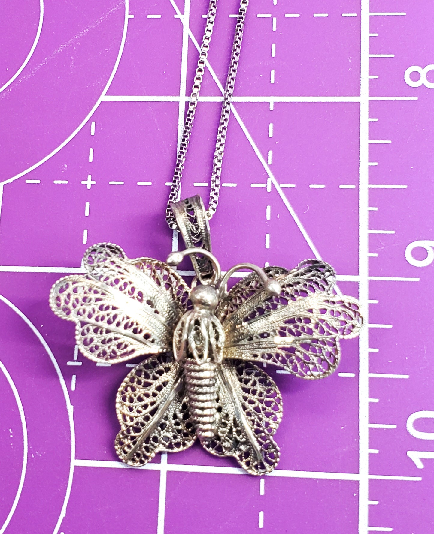 Portugal spun silver large butterfly sterling silver vintage pendant necklace 925