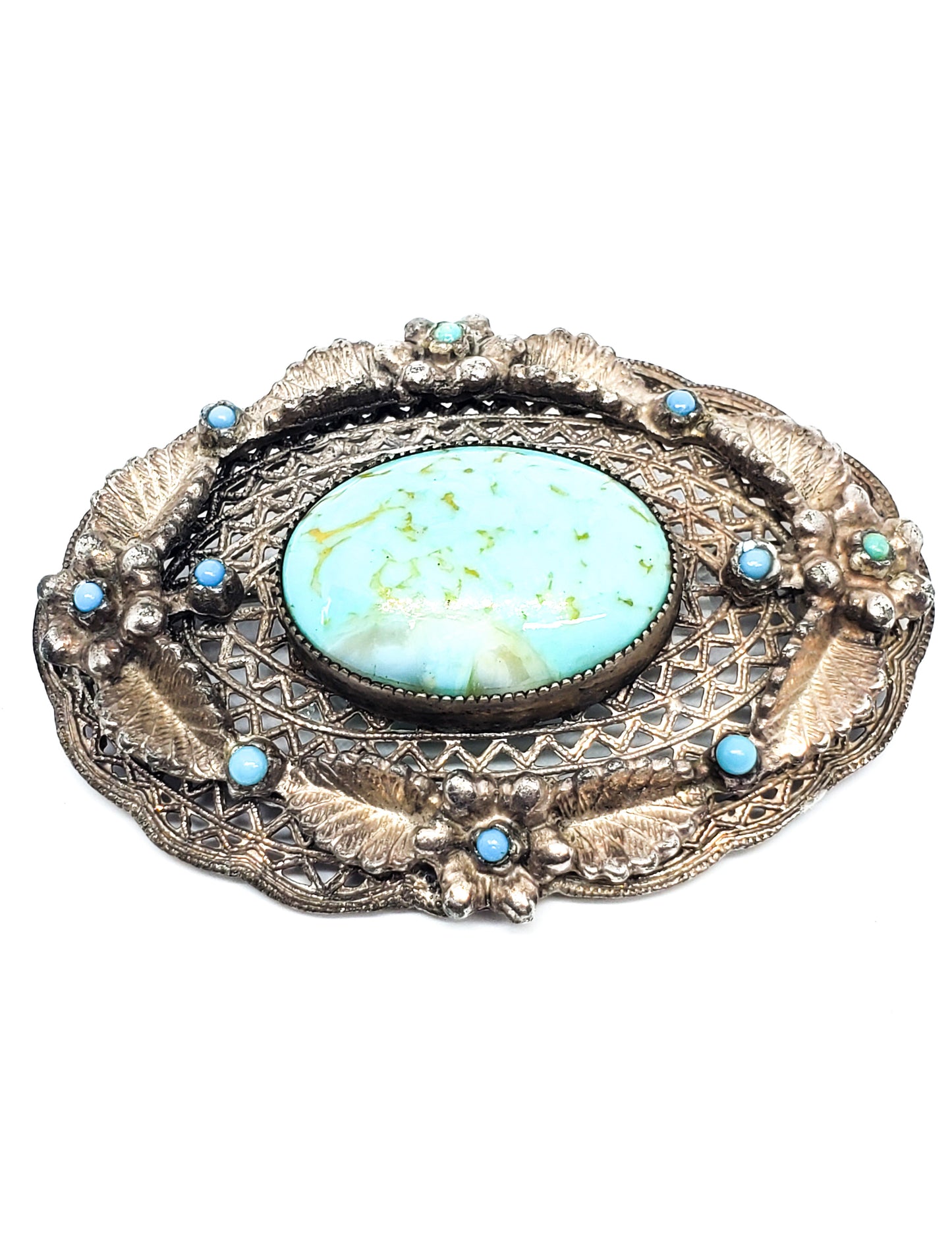Antique Old Pawn turquoise and glass cab sterling silver artisan brooch