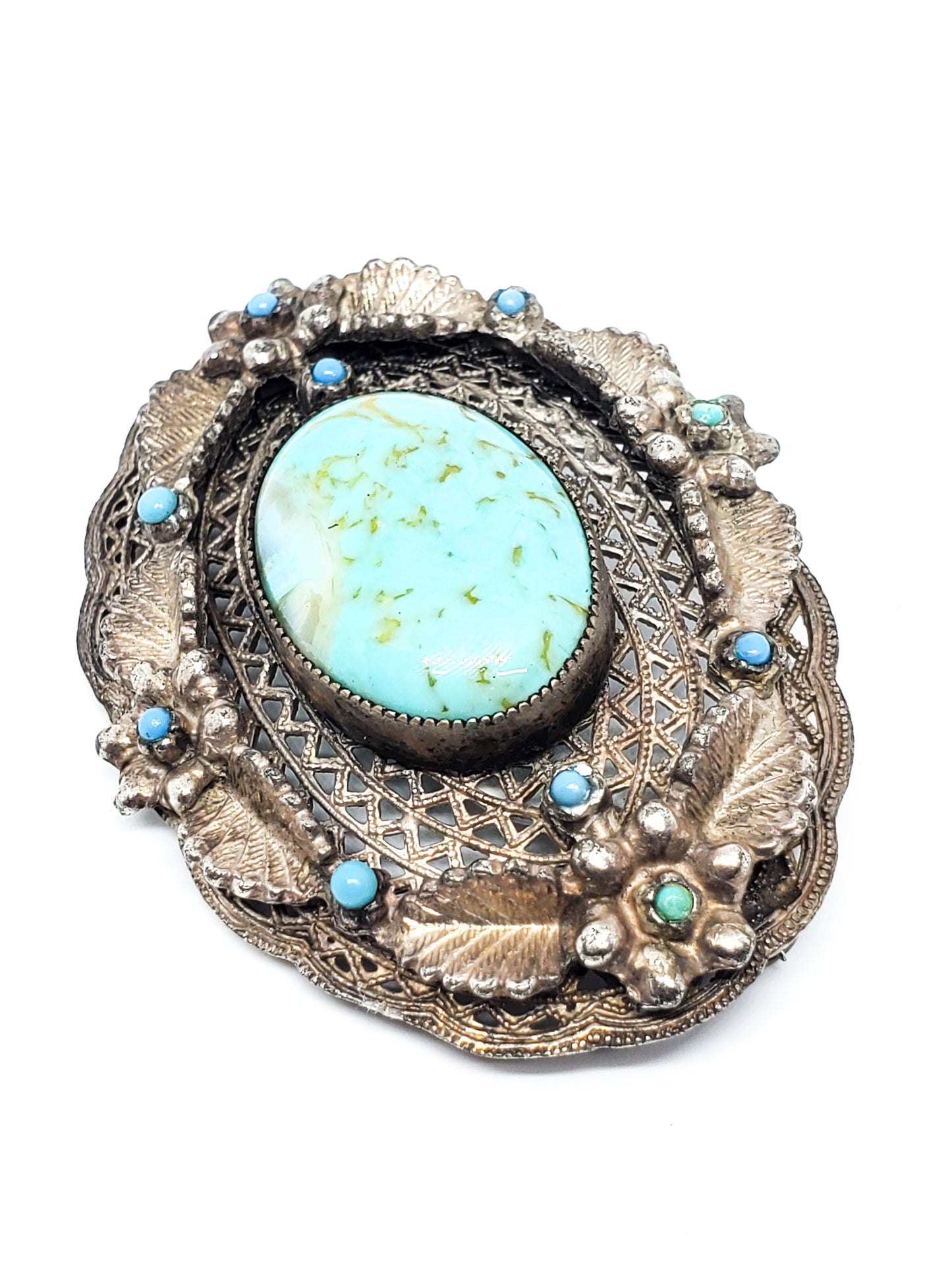 Antique Old Pawn turquoise and glass cab sterling silver artisan brooch