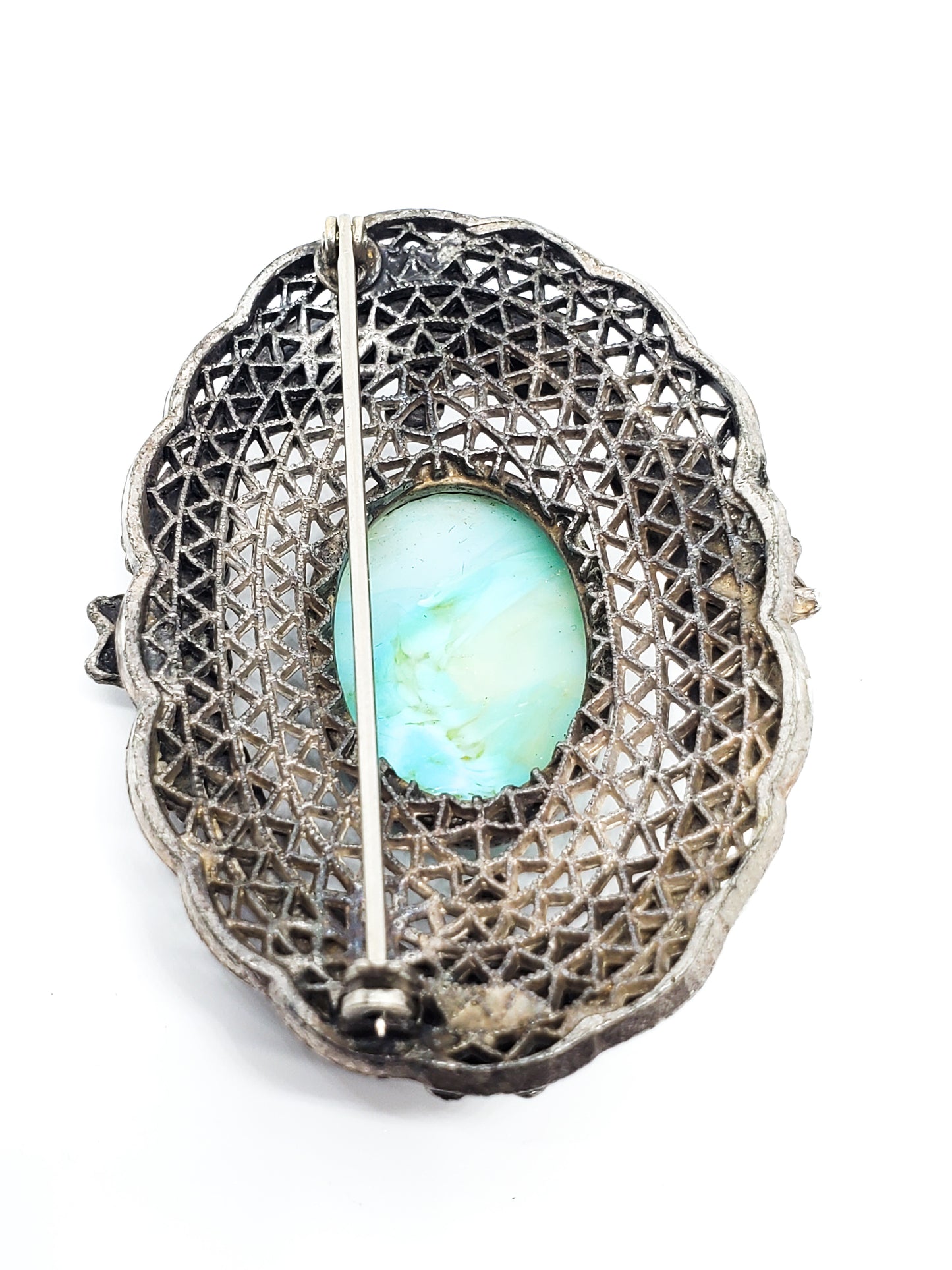 Antique Old Pawn turquoise and glass cab sterling silver artisan brooch