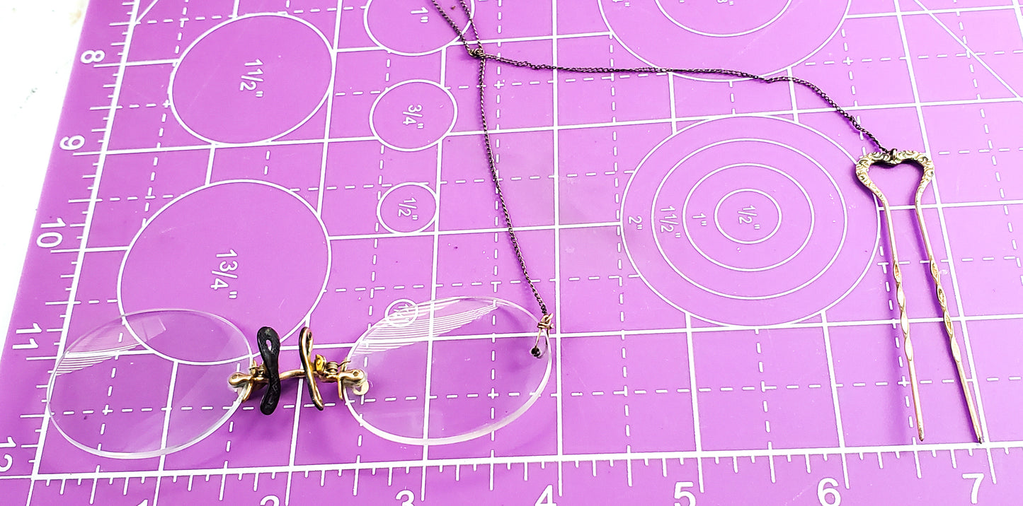 Pince Nez Victorian 1800's glasses 18kt gold filled with hair pick and metal case