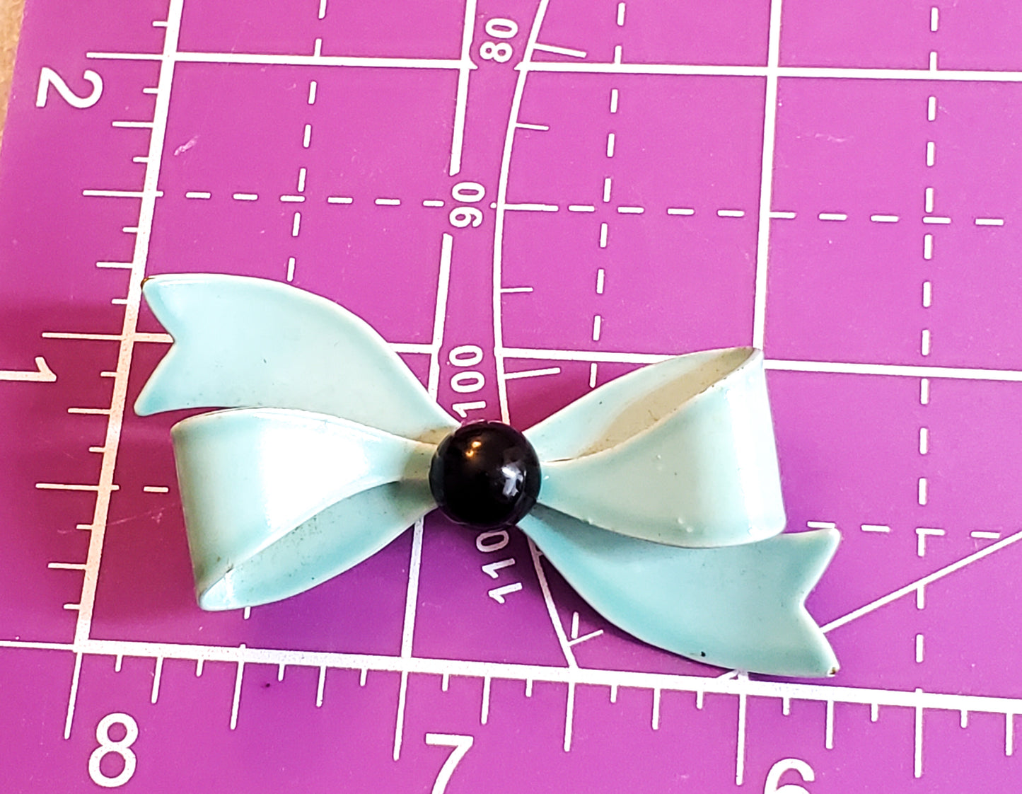 Teal blue and black painted enamel tin vintage brooch