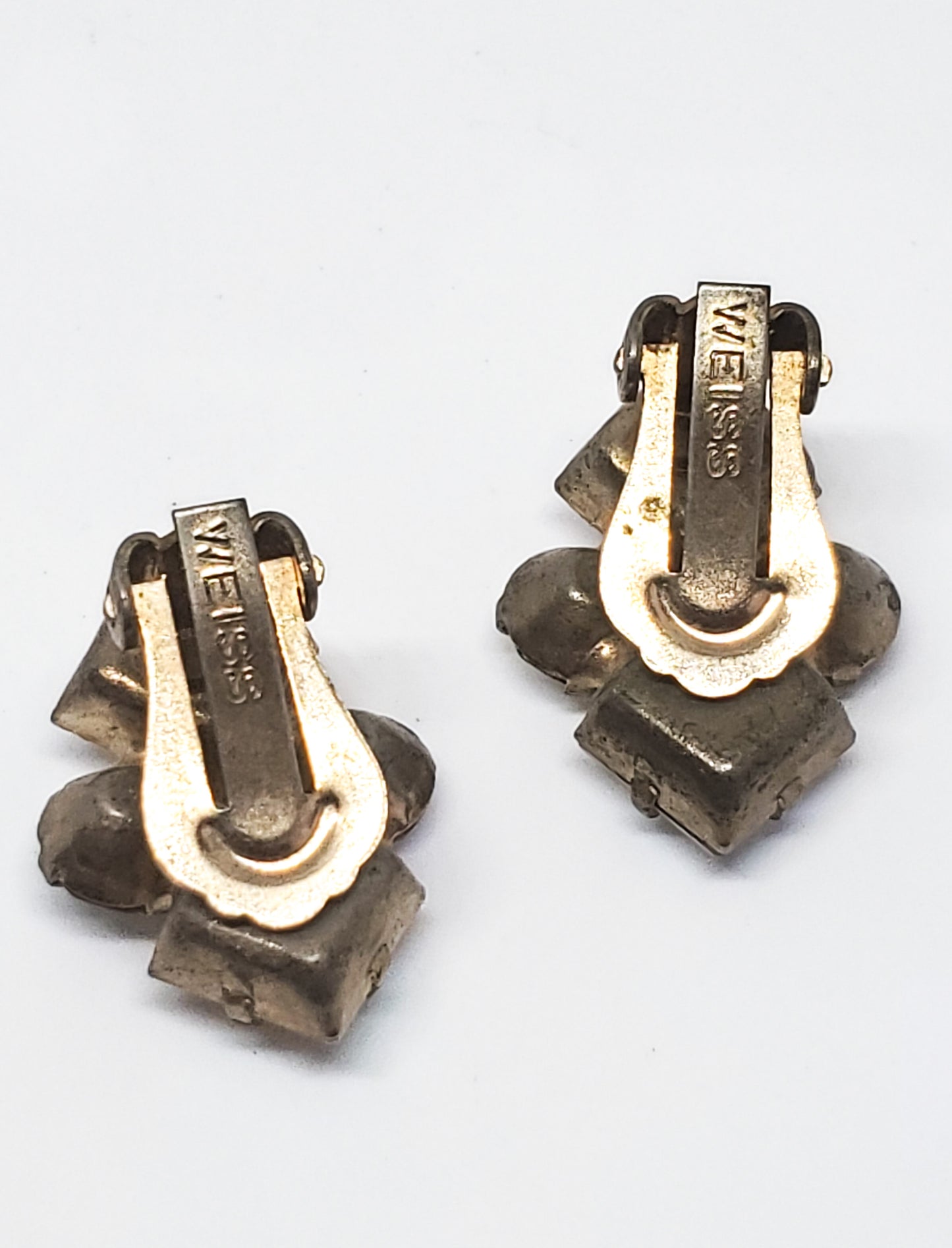 Weiss princess cut aurora borealis vintage rhinestone clip on earrings