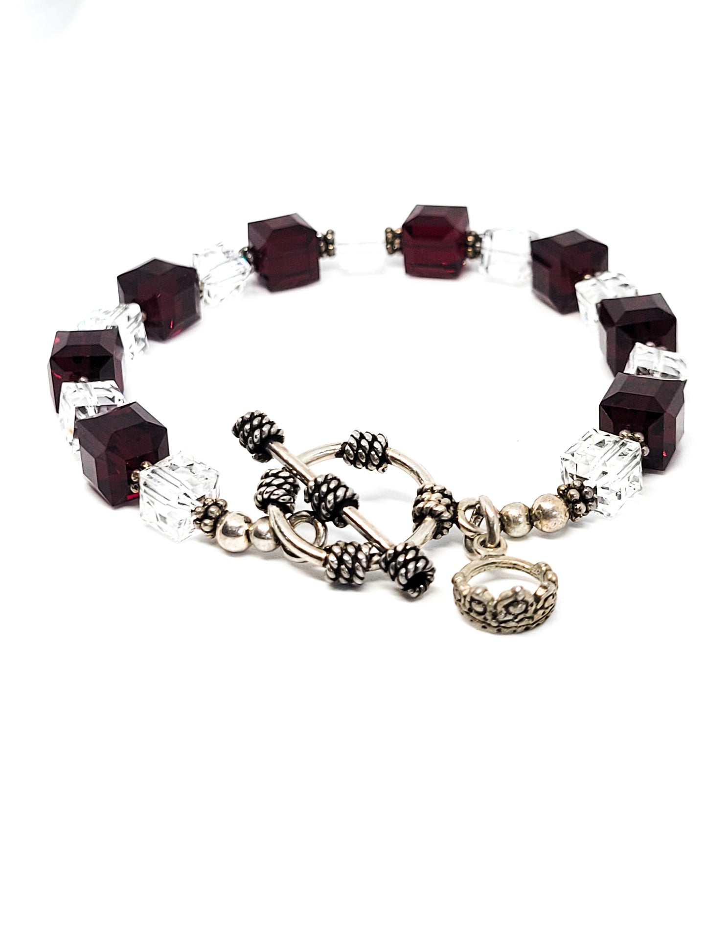Red Queen red and clear crystal sterling silver vintage bracelet with sterling crown
