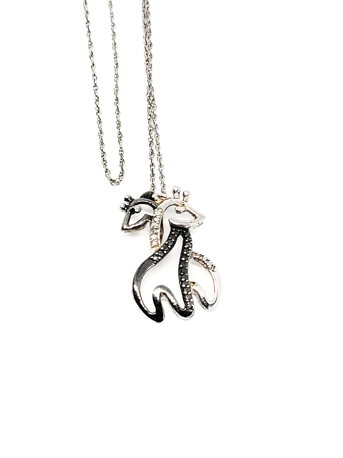 Hugging Giraffes black and white diamond sterling silver pendant necklace 925
