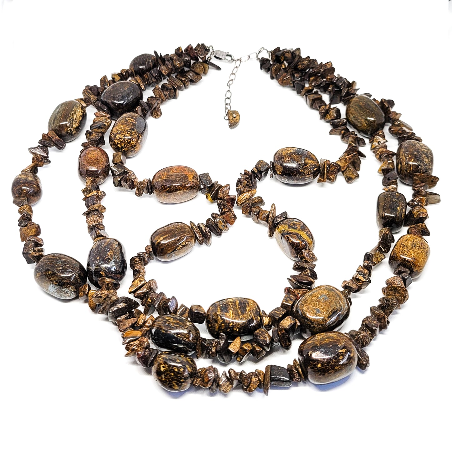 Tiger Iron ore 3 strand beaded sterling silver tiered vintage necklace Tiger eye