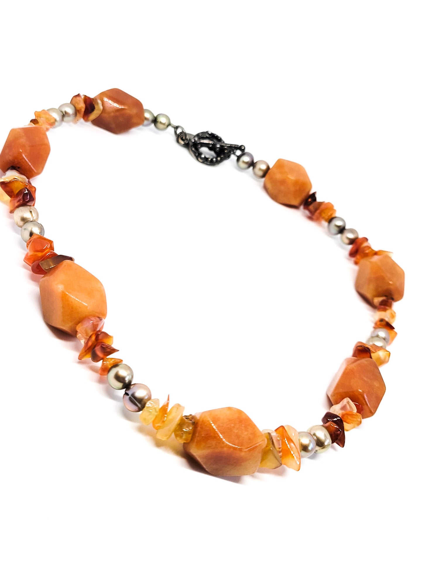 Red banded Agate and chocolate pearl sterling silver vintage signed necklace 925