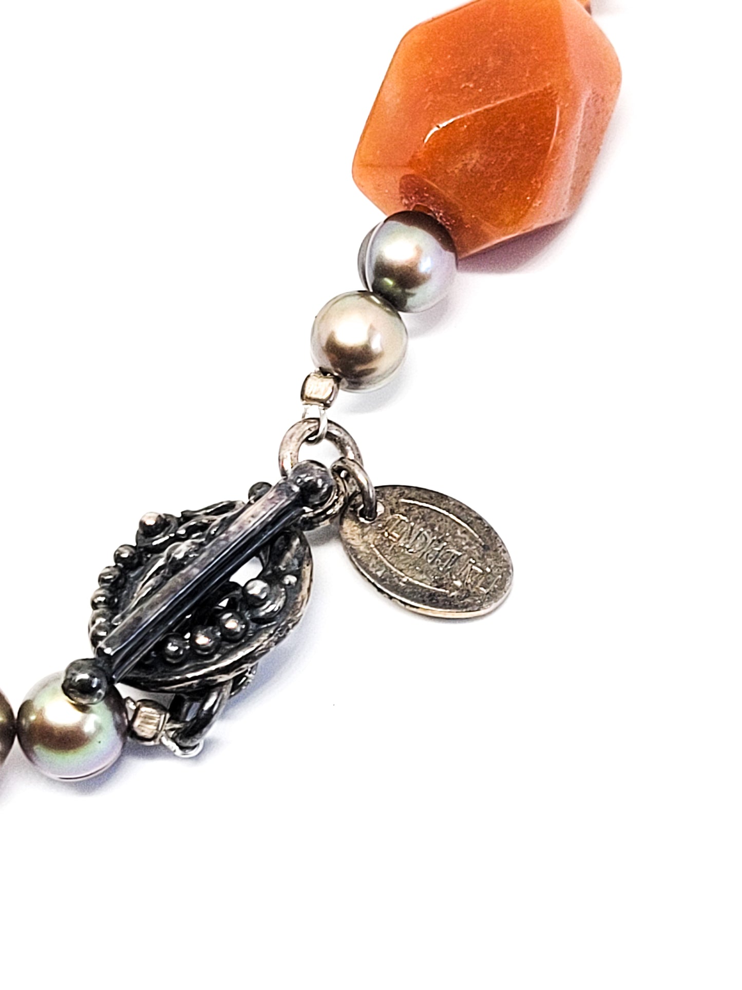 Red banded Agate and chocolate pearl sterling silver vintage signed necklace 925