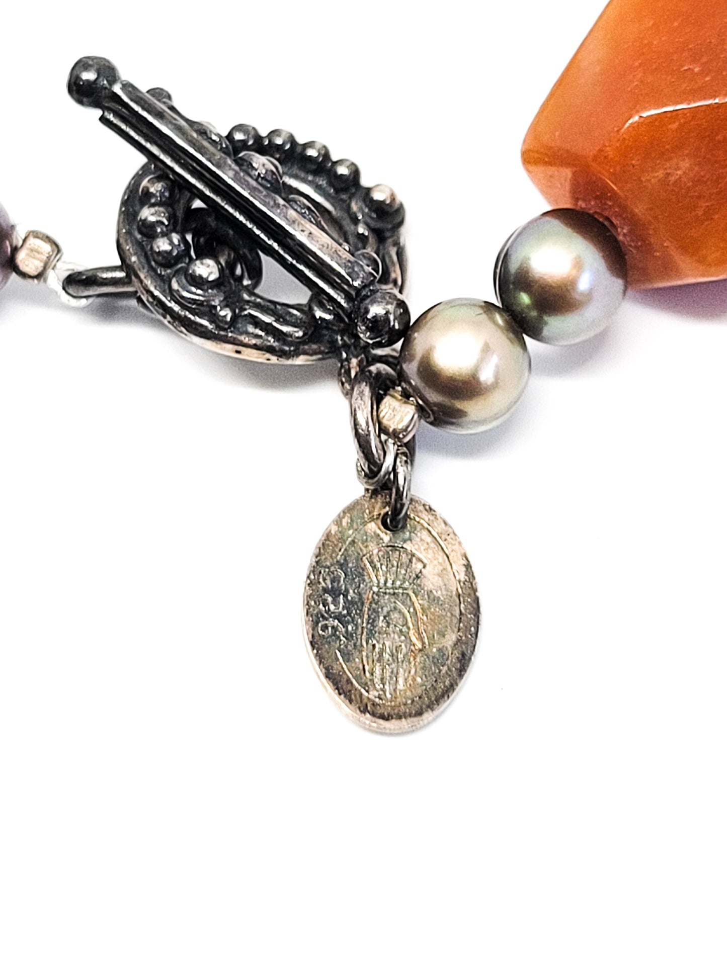 Red banded Agate and chocolate pearl sterling silver vintage signed necklace 925