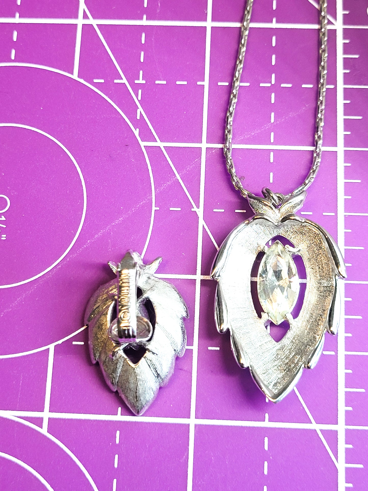 Sarah Coventry silver leaf rhinestone vintage necklace and earrings demi parure set