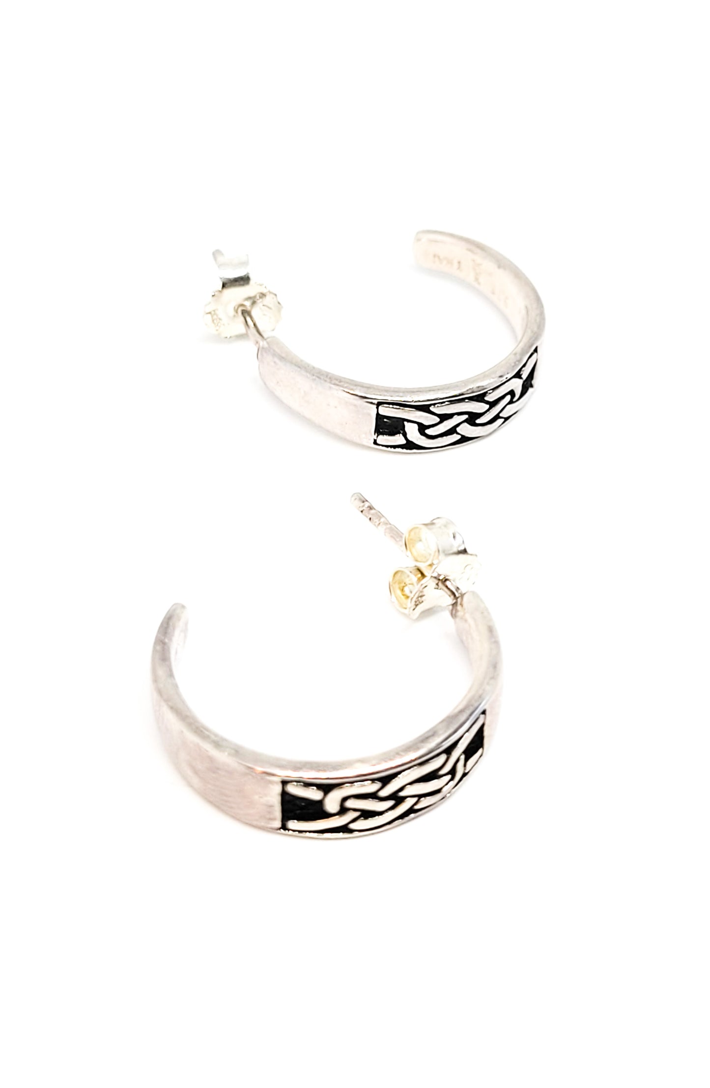 Celtic Trinity knot black enamel sterling silver vintage hoop earrings signed 925