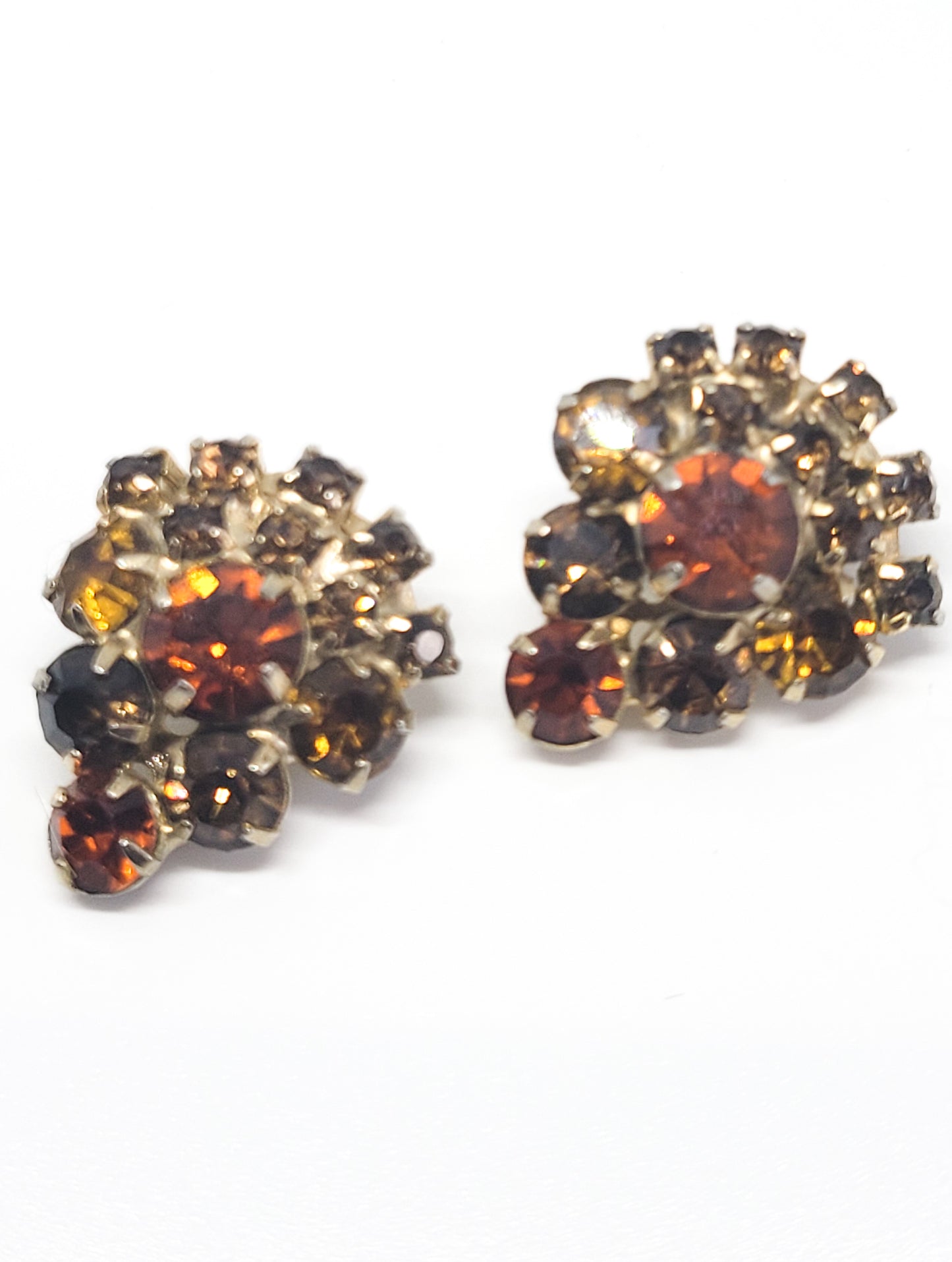 Estate warm topaz and amber vintage rhinestone clip on cluster earrings