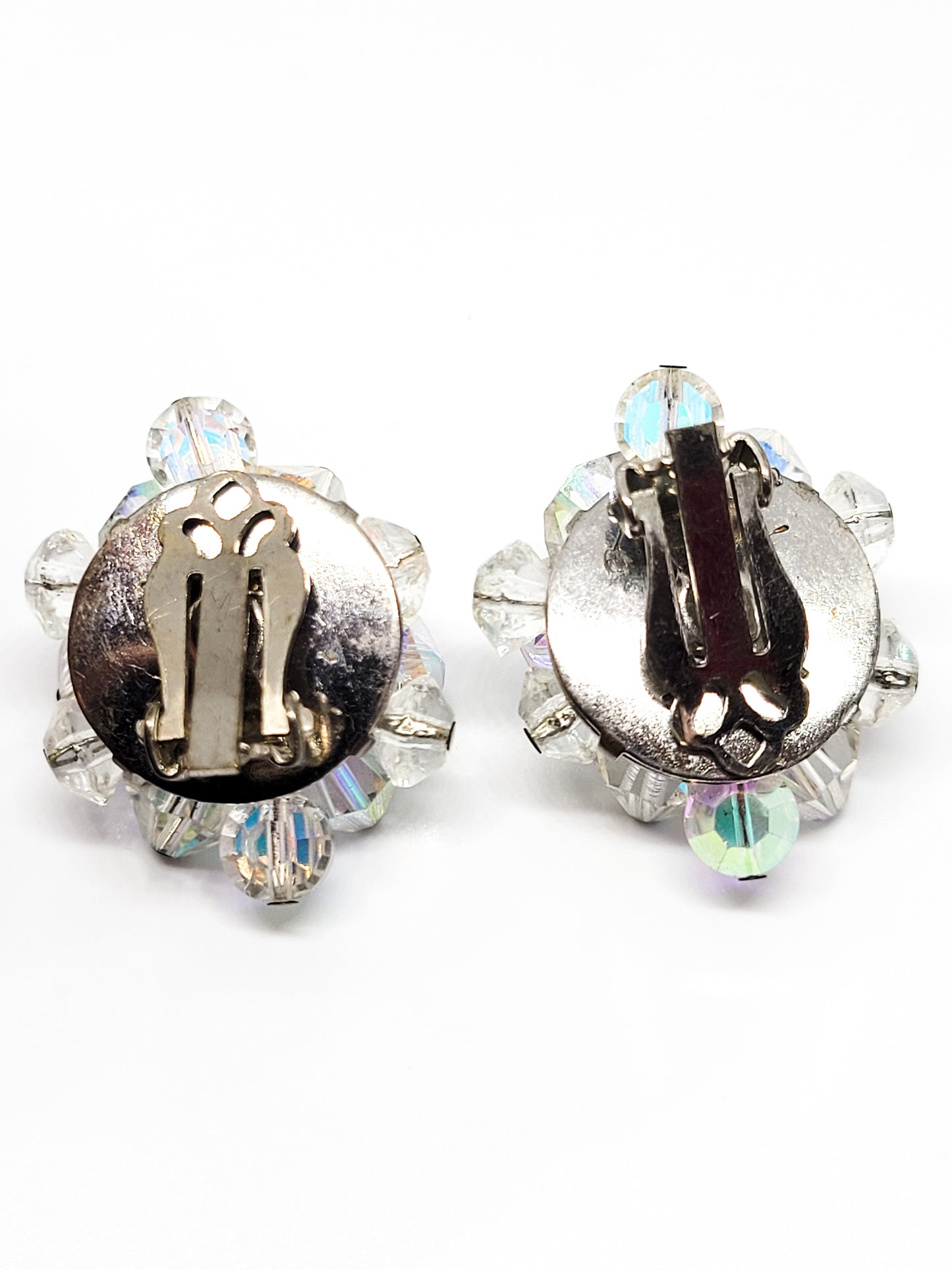 Austrain crystal brass beaded aurora borealis rhinestone clip on vintage earrings