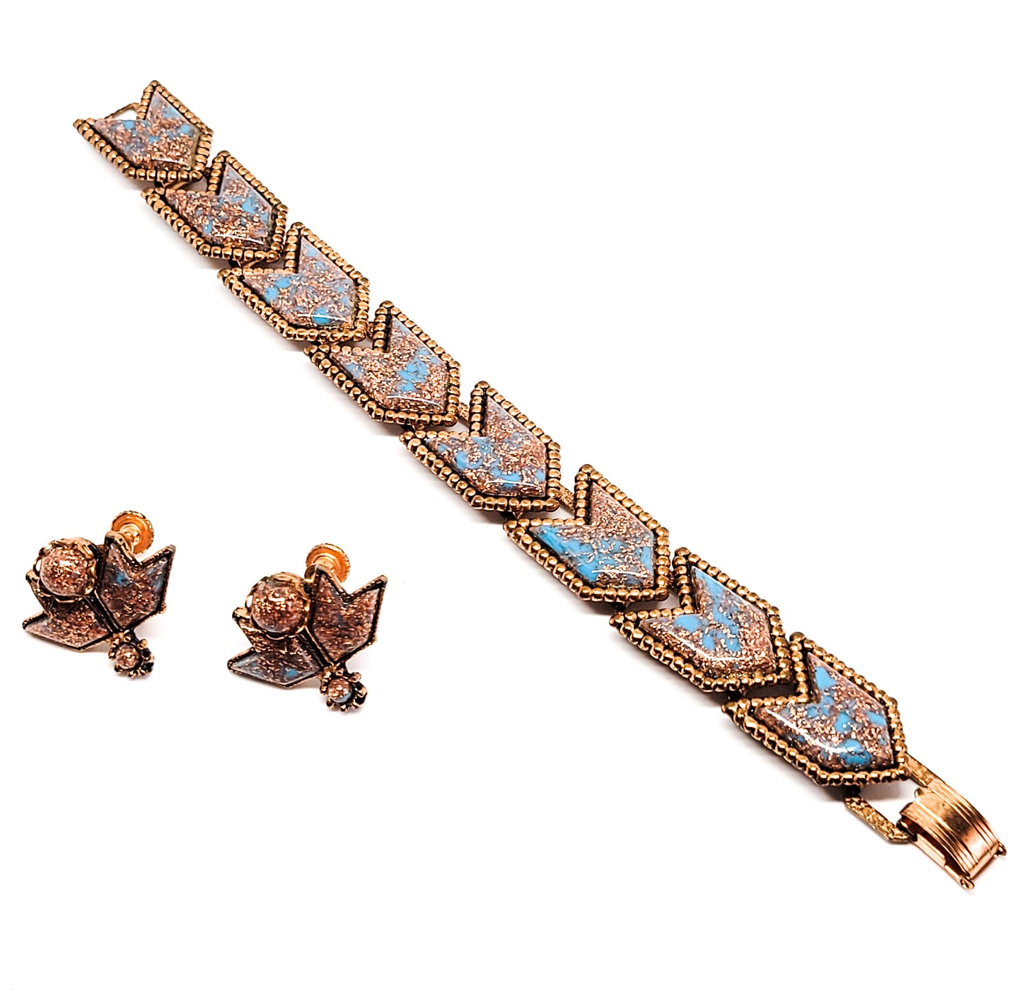 Aqua blue and gold aventurine glass chevron vintage braclet and earrings set