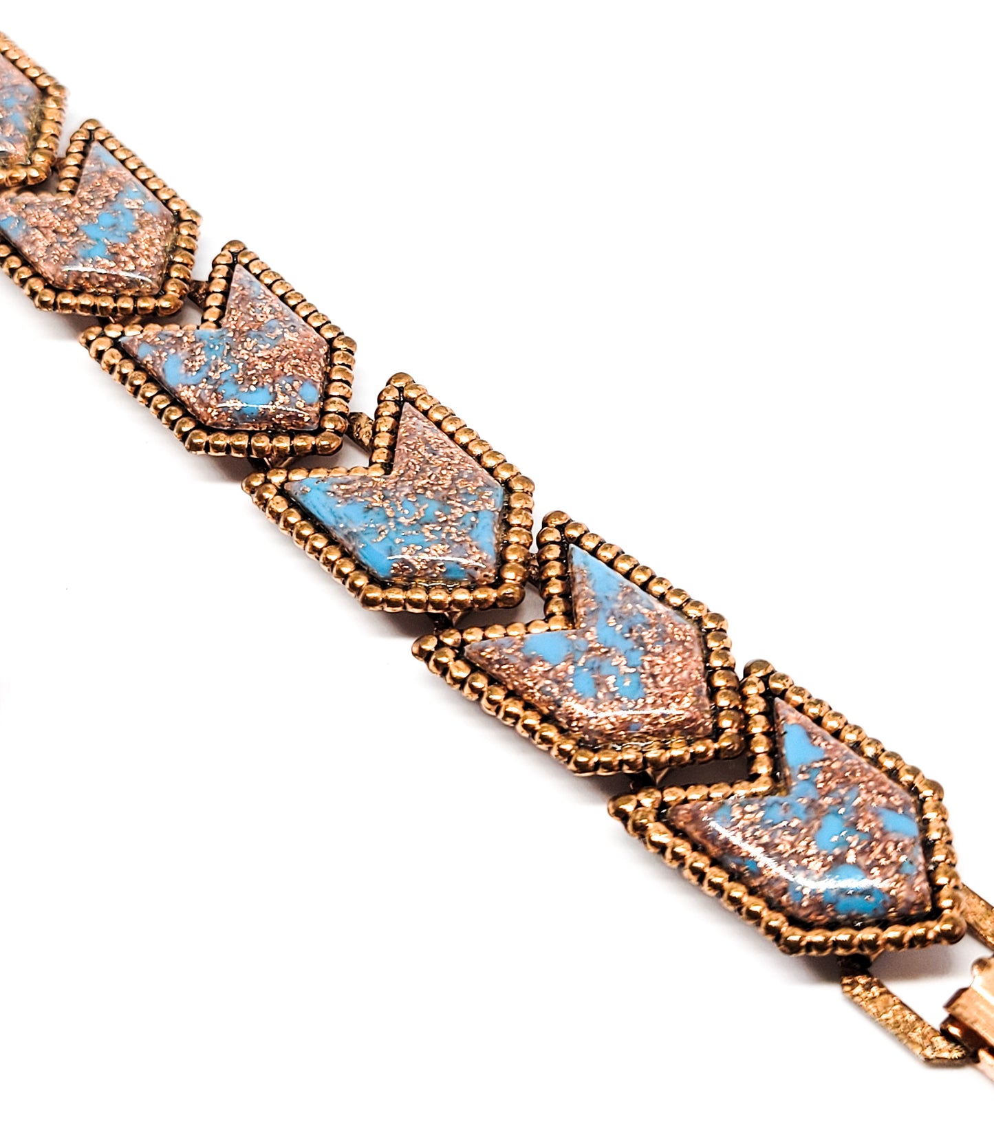 Aqua blue and gold aventurine glass chevron vintage braclet and earrings set