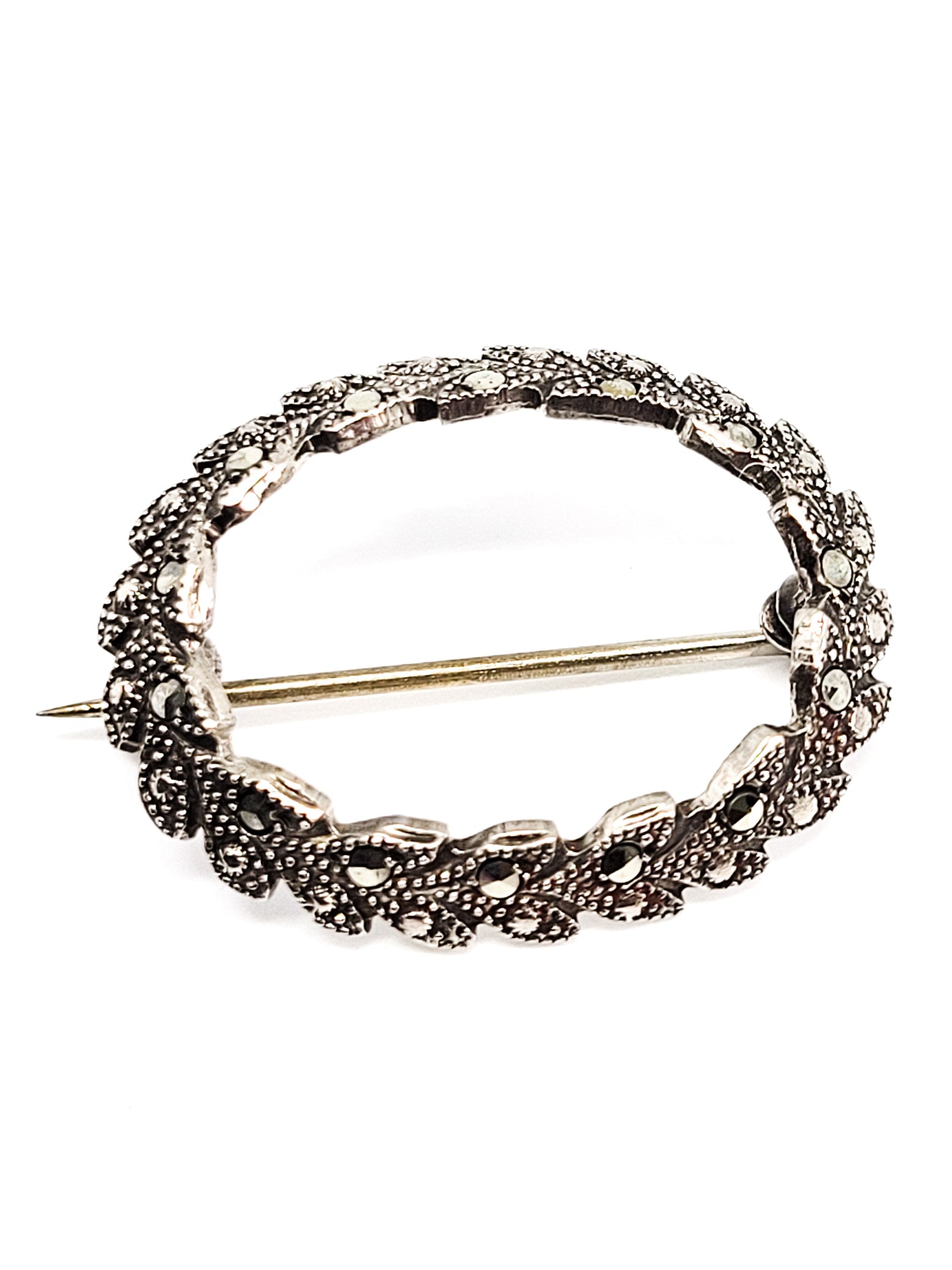 Antique olive branch marcasite sterling silver brooch elongated stem