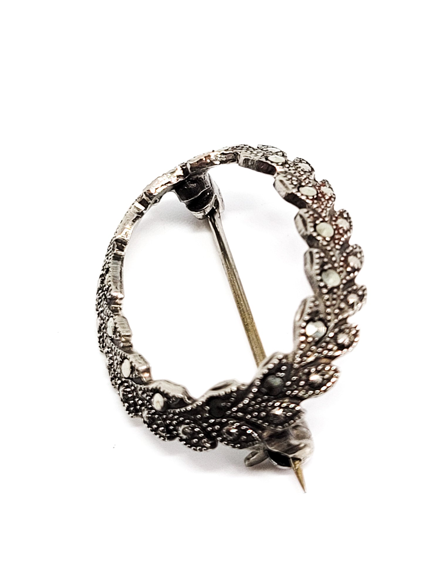 Antique olive branch marcasite sterling silver brooch elongated stem