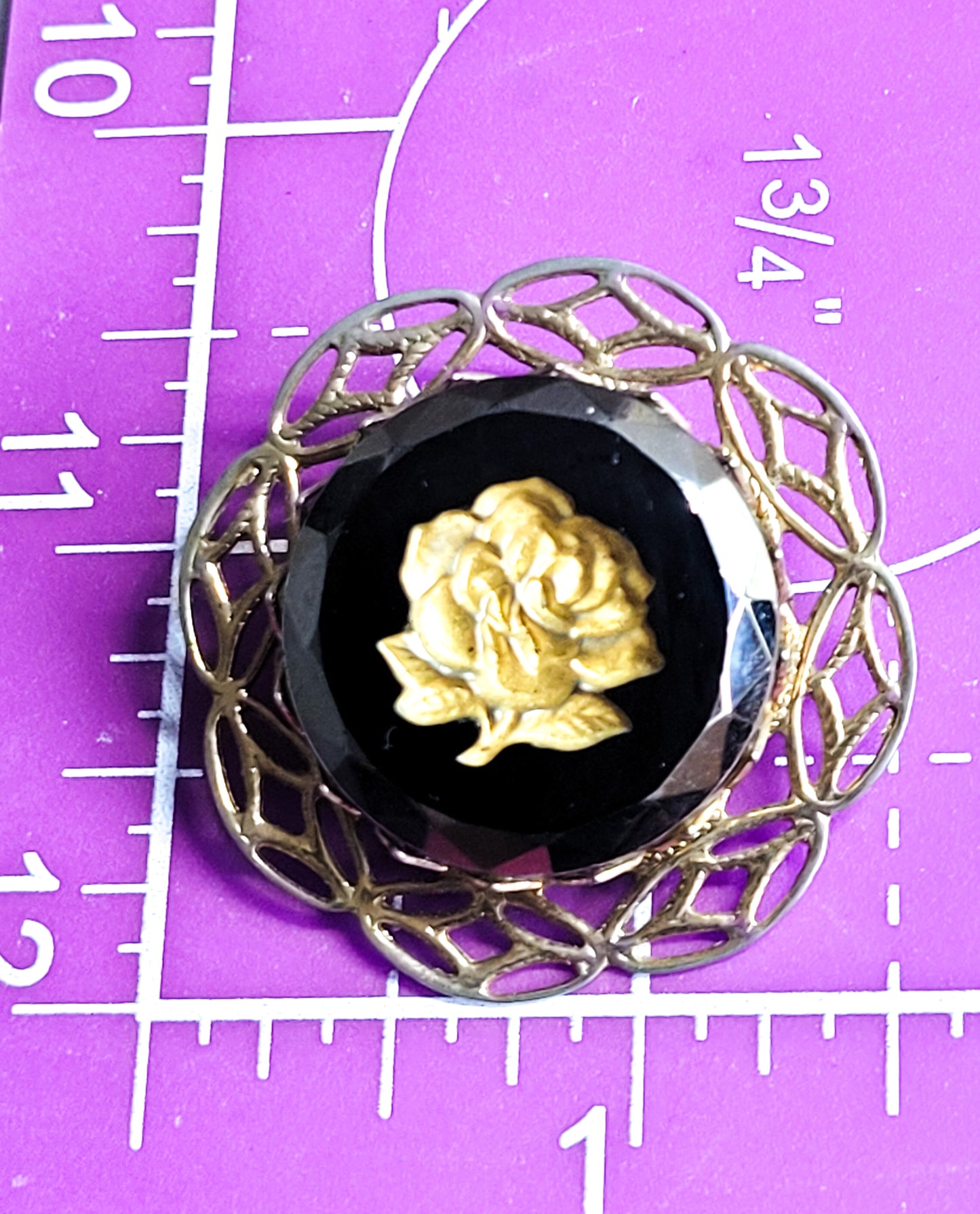 Reverse Carved gold Rose hematite glass vintage brooch