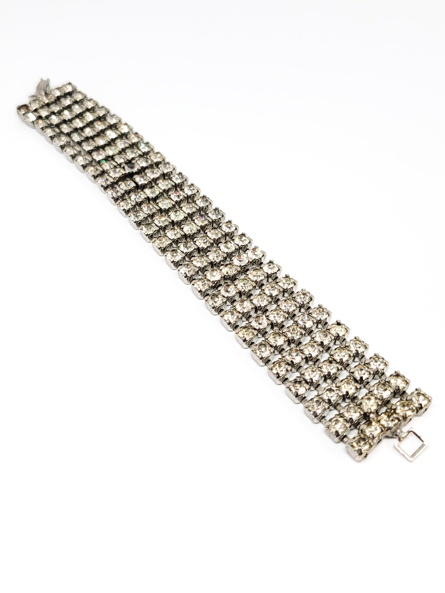 Large 4 row clear rhinestone vintage tennis cuff bracelet