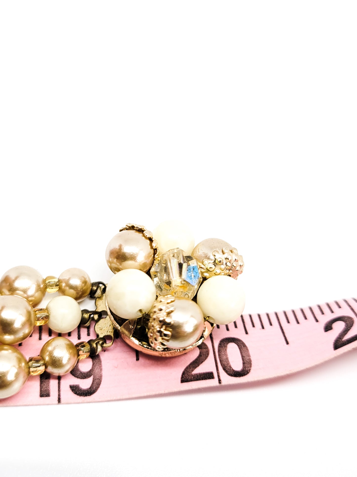 Shades of cream pearl Lucite Austrian crystal triple strand vintage necklace