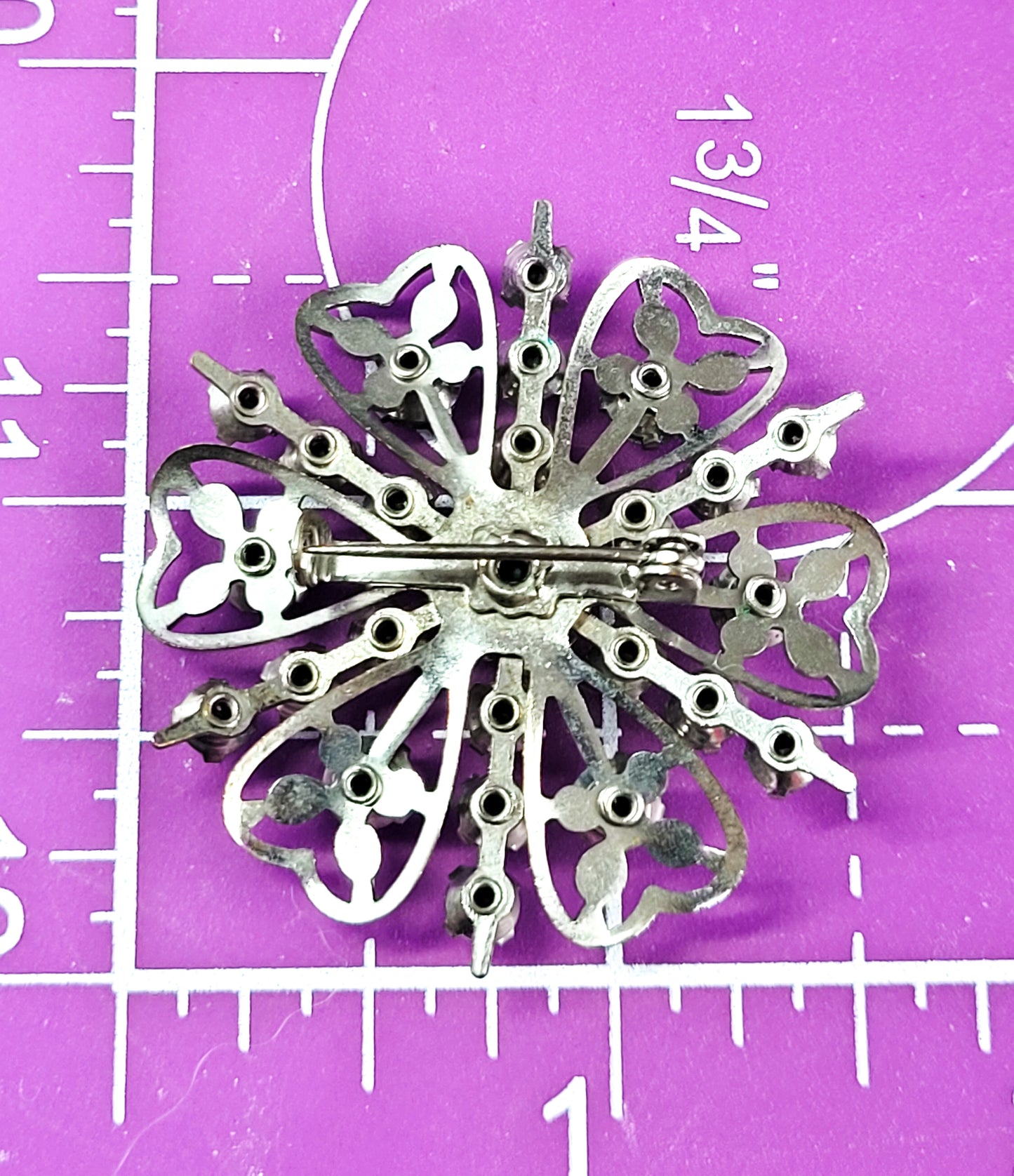 Retro mid century clear silver rhinestone flower brooch