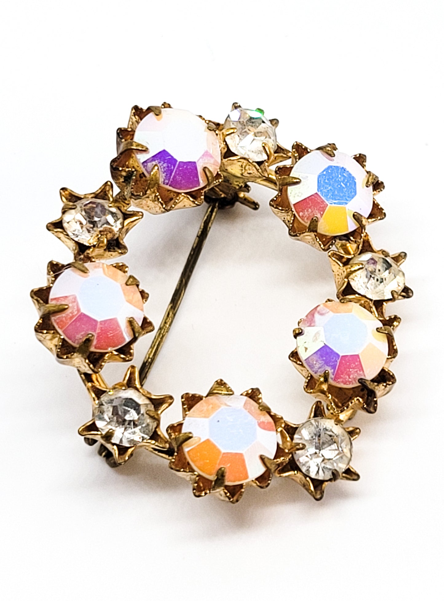 Austria pink rainbow aurora borealis vintage rhinestone circle brooch