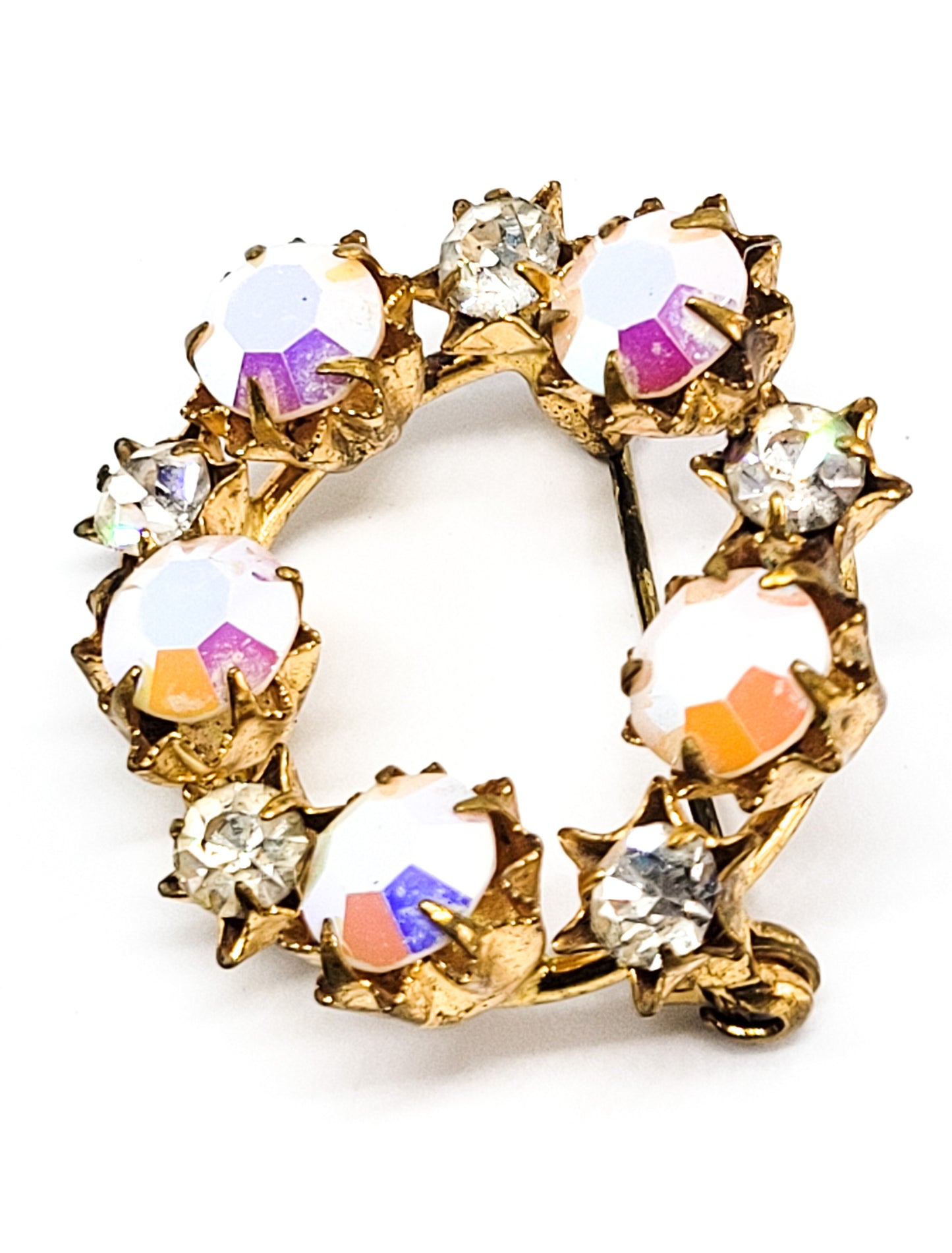 Austria pink rainbow aurora borealis vintage rhinestone circle brooch