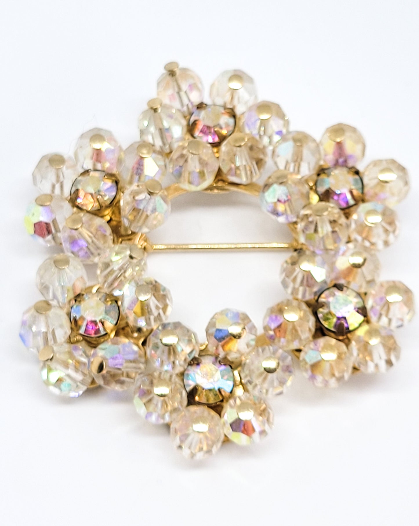 Austrian crystal flower Aurora borealis rhinestone vintage circle brooch Estate